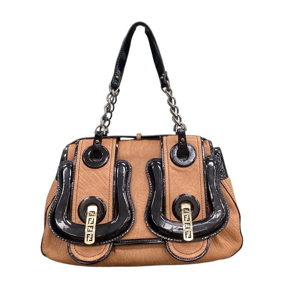 Fendi B Bag Camel and Black Patent Leather with Chain Strap and Clasp - Picture 1 of 7